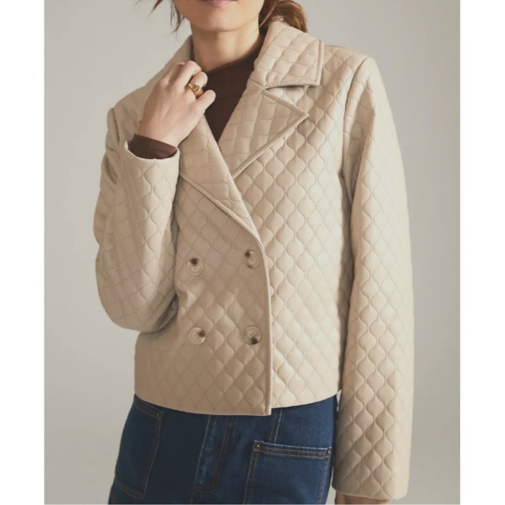 Anthro faux leather quilted jacket in light tan, by Greylin, double breasted NEW